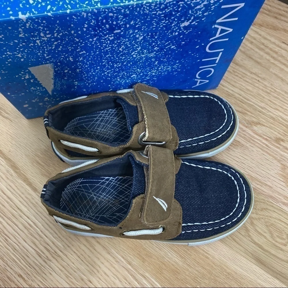 Nautica Boat Shoes Denim Blue Brown Sz 8 Kids Boys